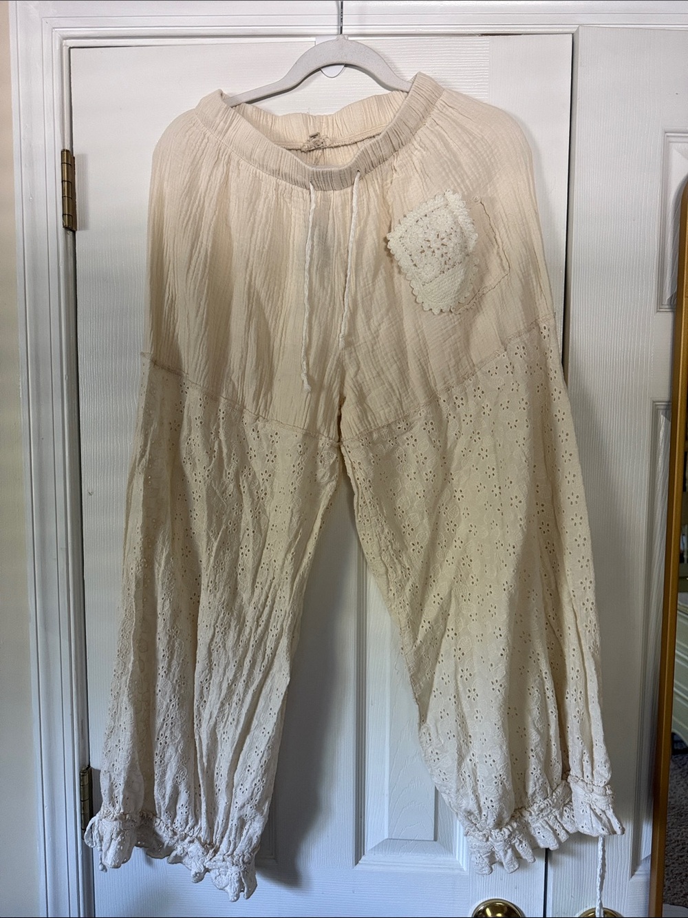 Boho Cream Eyelet Cotton Bloomer Wide-Leg Pants